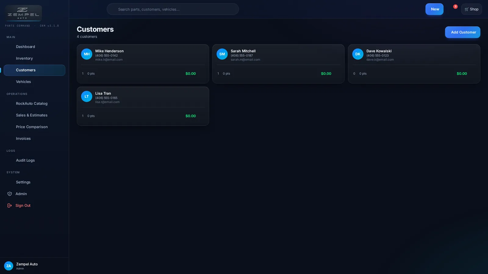 Zempel Auto CRM: Customers