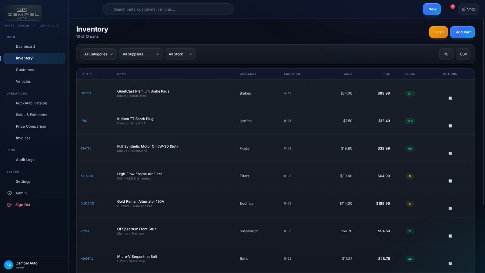 Zempel Auto CRM: Parts inventory